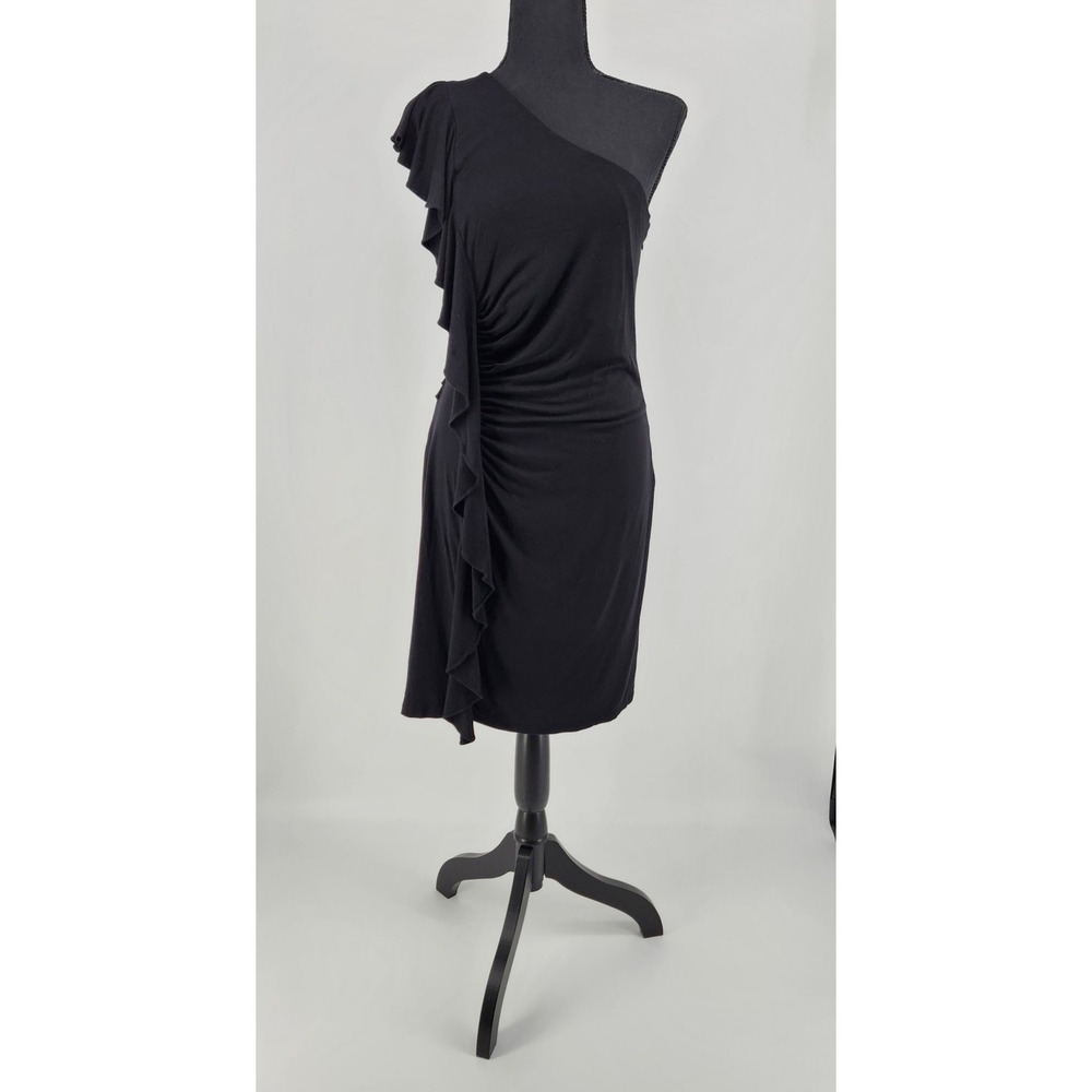Calvin Klein Womens Black One Shoulder Ruffle Ruched Cocktail Sheath Dress